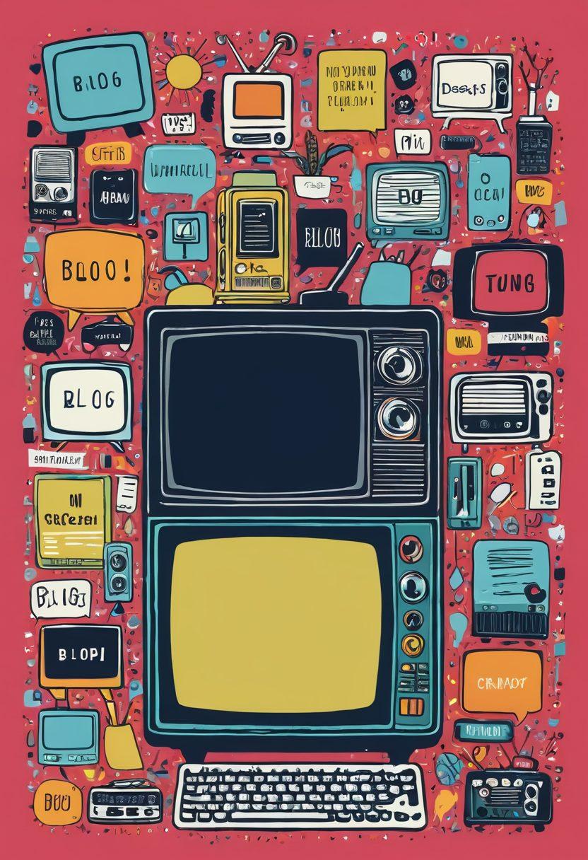 A whimsical design featuring a vintage television set, with tiny characters from iconic TV shows spilling out into a colorful blog layout. Include elements like typing fingers, speech bubbles with engaging dialogue, and vibrant illustrations of blog posts emerging from the screen. Combine nostalgic and modern aesthetics to symbolize the transition from screen to blog. It should convey creativity and engagement. vector art. vibrant colors.