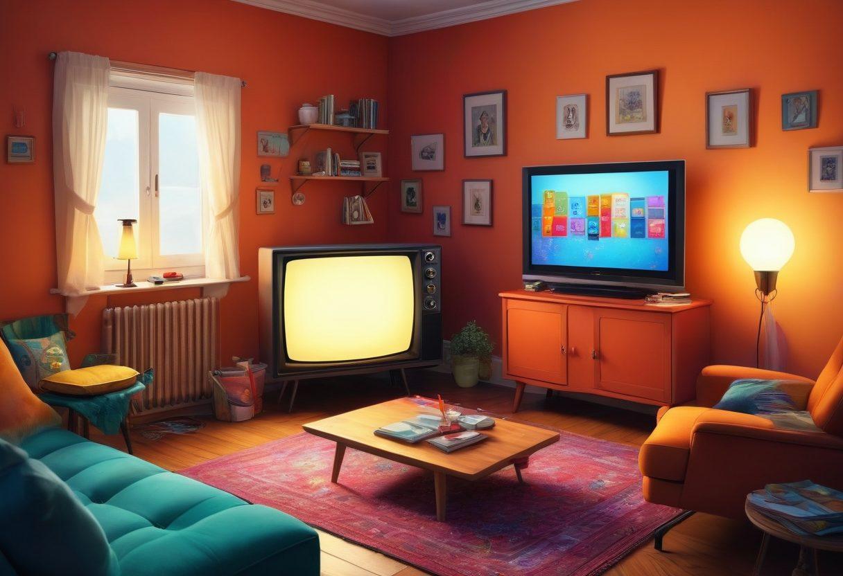 A whimsical and colorful illustration of a tiny TV in a cozy living room, surrounded by iconically small characters from various shows, each engaged in creative activities like writing and painting. The setting should exude warmth and inspiration, with vibrant colors that pop, peppered with artistic tools like sketchbooks, paintbrushes, and light bulbs representing ideas. super-realistic. vibrant colors. playful style.