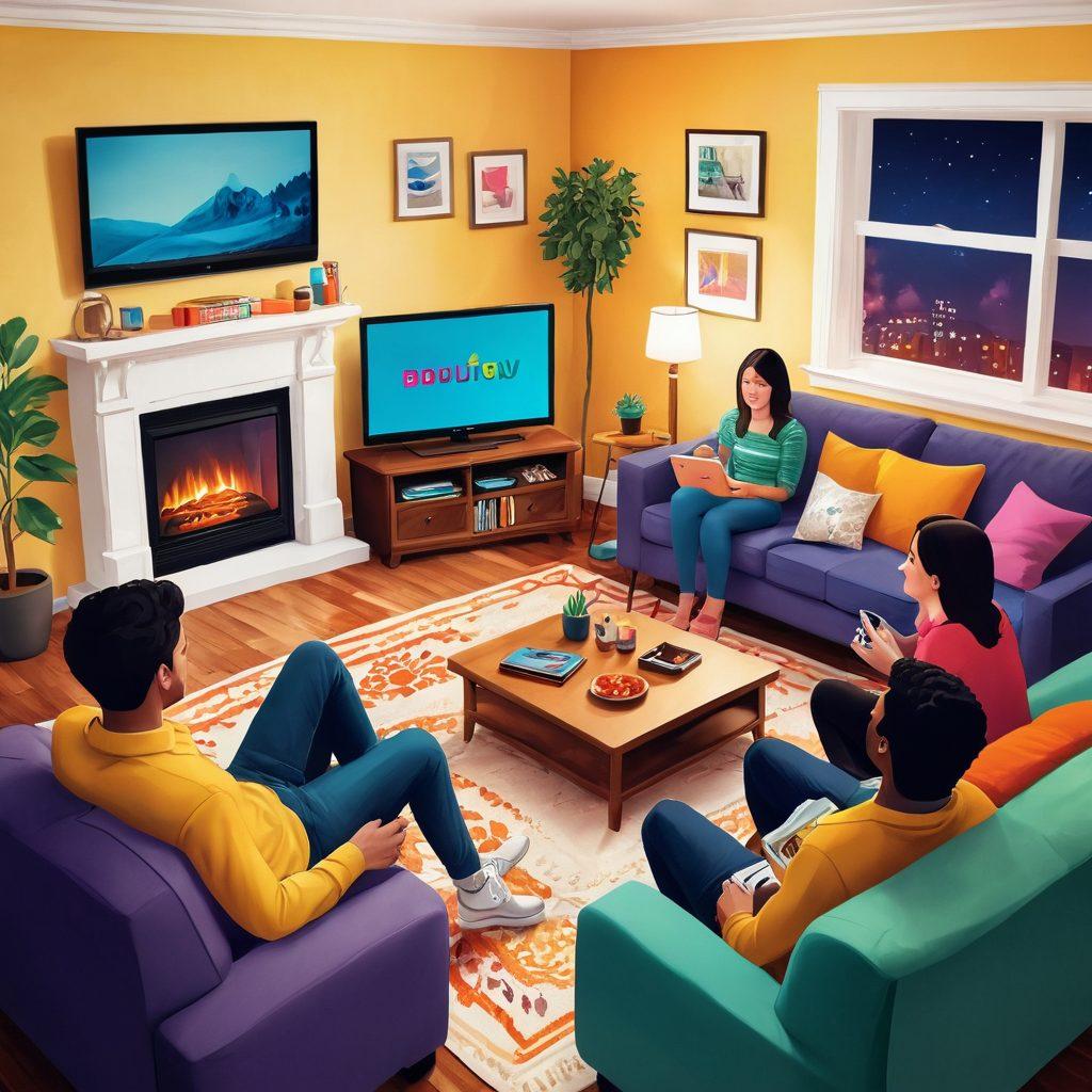 A cozy living room setting with a tiny TV showcasing a vibrant, colorful show, surrounded by diverse viewers of all ages engaged in lively discussion. Include elements like snacks, notebooks, and laptops, symbolizing an interactive blogging community. A warm, inviting atmosphere with soft lighting to reflect connection and creativity. vibrant colors. cozy ambiance. digital illustration.